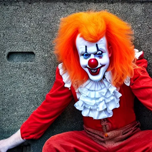 Image similar to it. clown with sharp teeth, red nose and orange hair smiling evilly from storm drain