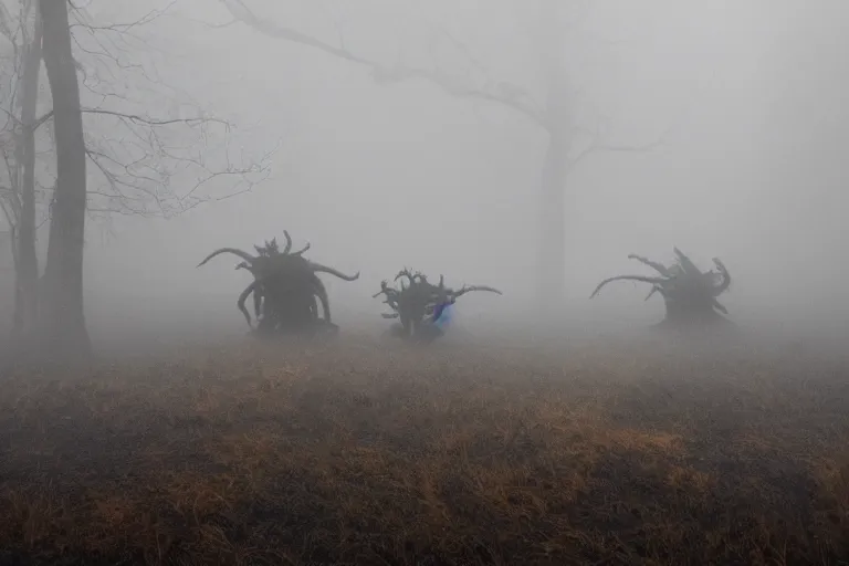 Prompt: photo of hellish creatures emerging from a thick mist, horror atmosphere, fear, mystery, dramatic, 8 k uhd