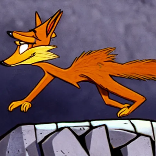 Prompt: wile e coyote eating a road runner steak on a falling boulder