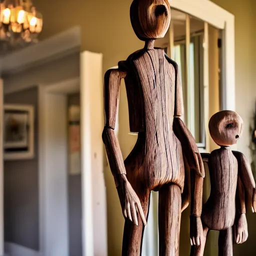 Image similar to a real estate home interior photo. a creepy wooden mannequin family,