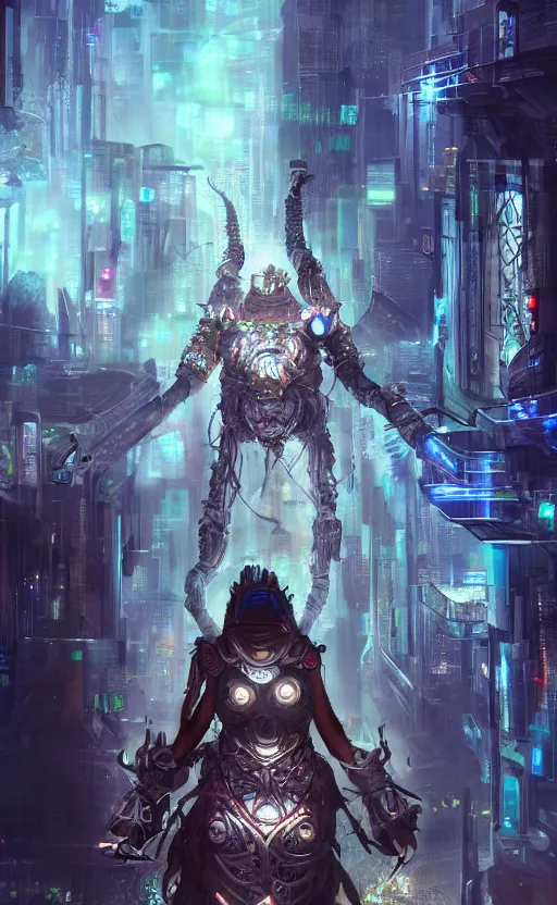 Image similar to a cyber shaman in a futuristic city, dynamic lighting, photorealistic fantasy concept art, trending on art station, stunning visuals, creative, cinematic, ultra detailed