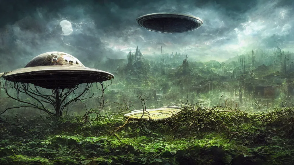 Prompt: a surreal dreamlike scene of a derelict ufo resting atop an abandoned vine-covered greenhouse, extravagant matte painting, highly detailed oil painting, 8k, devastatingly beautiful atmosphere, elegant cinematic fantasy art, overwhelming depth and detail, magic, soft colors, intricate masterpiece
