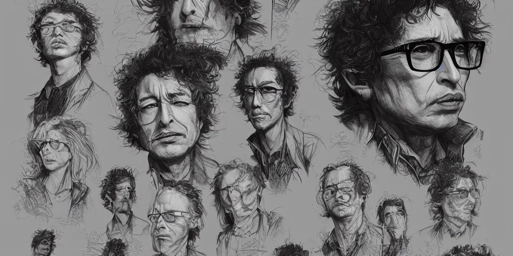 Image similar to Bob Dylan design, character sheet, Kim Jung Gi, Greg Rutkowski, Zabrocki, Karlkka, Jayison Devadas, Phuoc Quan, trending on Artstation, 8K, ultra wide angle, zenith view, pincushion lens effect