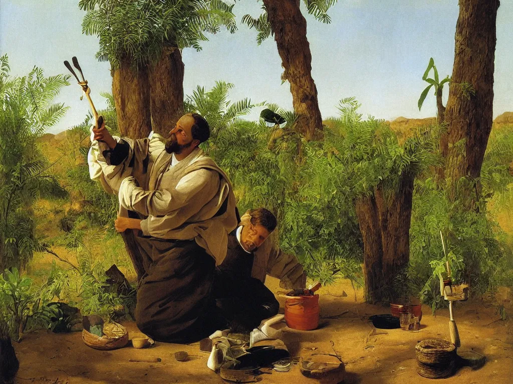 Prompt: portrait of kneeling painter washing his brush in a desert oasis, ferns. painting by georges de la tour