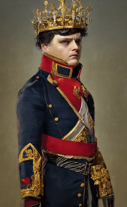 Image similar to Portrait of a middle aged 19th century man wearing a ceremonial uniform and a crown, male, detailed face, napoleonic, highly detailed, cinematic lighting, digital art painting by greg rutkowski