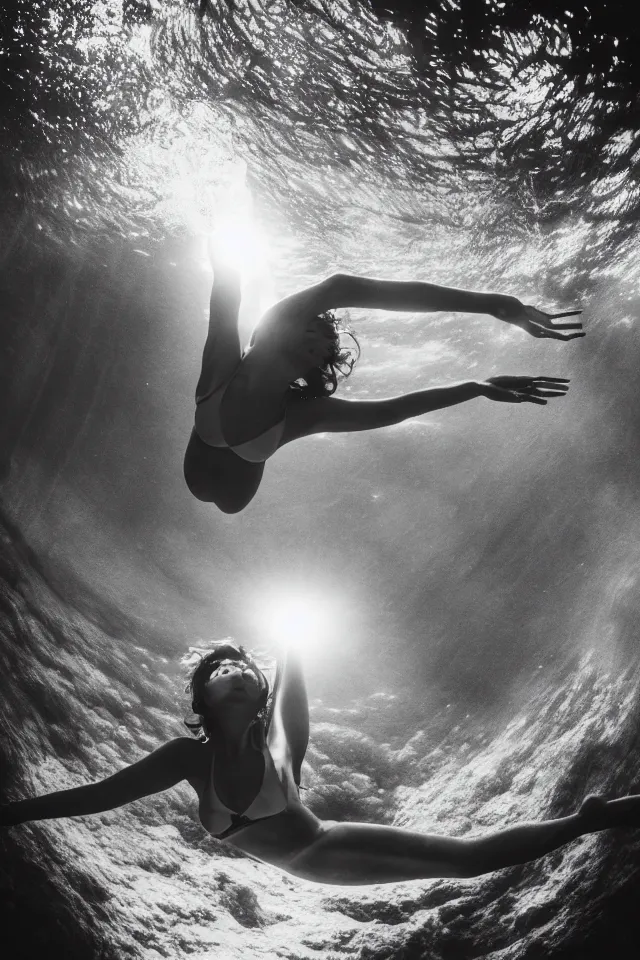 Prompt: underwater looking up, human woman model swimming in large tall rock trench , toward the sun rays and caustics, film , cinematic, underwater photography, low angle view