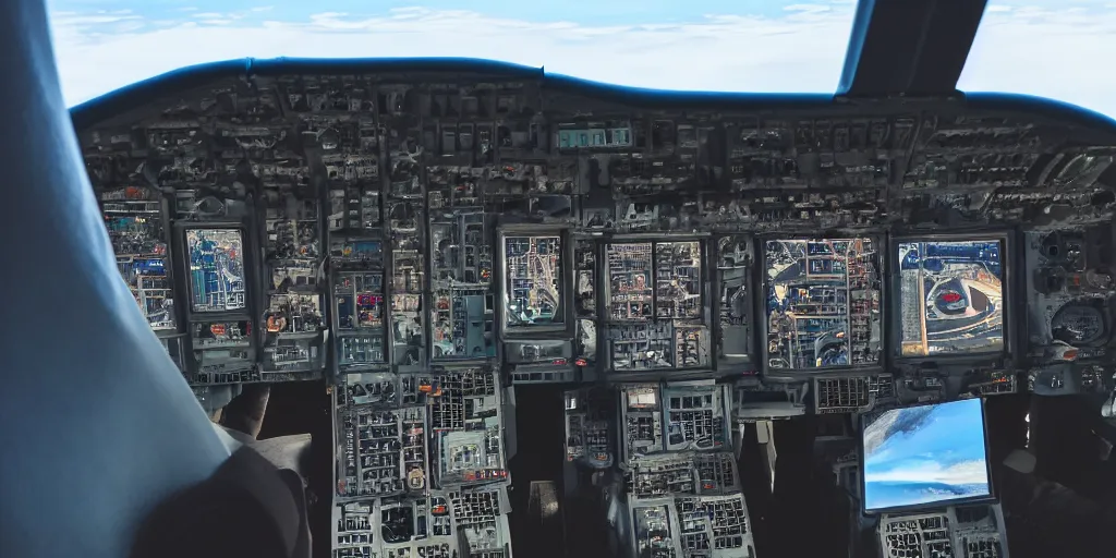 Prompt: cockpit view from airplane