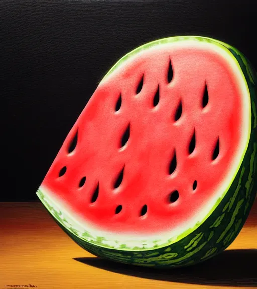 Image similar to portrait of a watermelon sitting upon a table with heightened detail, poised, intense emotion, detailed facial expression, detailed surroundings, intricate, elegant, highly detailed, centered, digital painting, artstation, concept art, smooth, sharp focus, illustration, by ( leonardo da vinci ), wlop