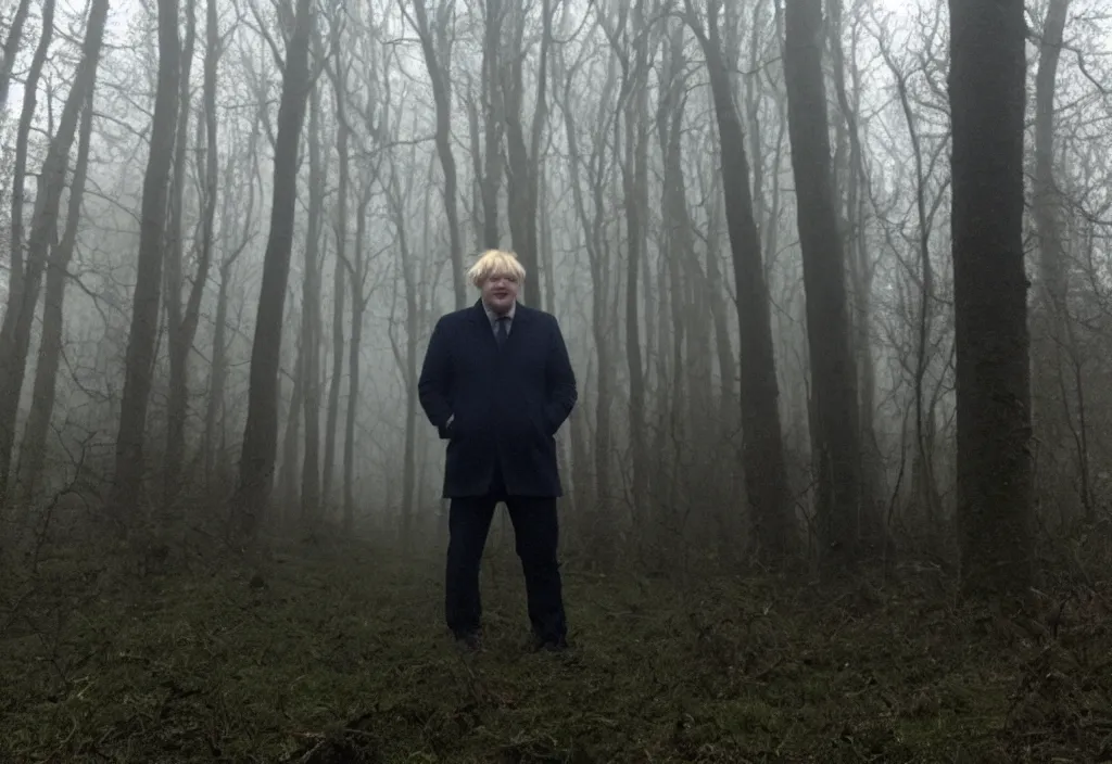 Prompt: low quality iphone photo of boris johnson standing ominously deep in the foggy woods with a demonic smile in his face, low visibility creepy, grainy, trail cam footage