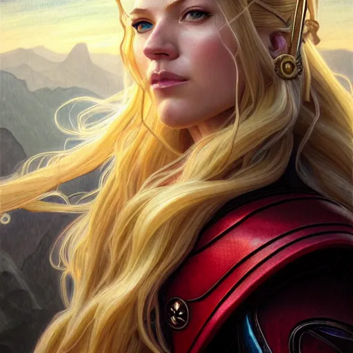 Prompt: beautiful Katheryn Winnick as Lady Thor, drawn by a 6 year old, western, closeup, D&D, fantasy, intricate, elegant, highly detailed, digital painting, artstation, concept art, matte, sharp focus, illustration, art by Artgerm and Greg Rutkowski and Alphonse Mucha