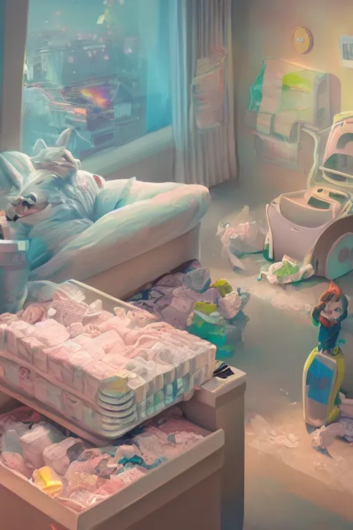 Prompt: Diaper Disposal Robot, Overflowing with Diapers, digital art, fantasy, trending on artstation, professional illustration, cgsociety, ultra detailed, volumetric lighting, celshaded, colorful, girly bedroom, lively, cute