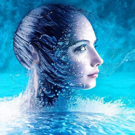 Image similar to water artwork manipulation in the shape of a beautiful female head, on the ocean water, ray tracing, realistic water sharp focus, long shot, 8 k resolution, cinematic, surreal water art