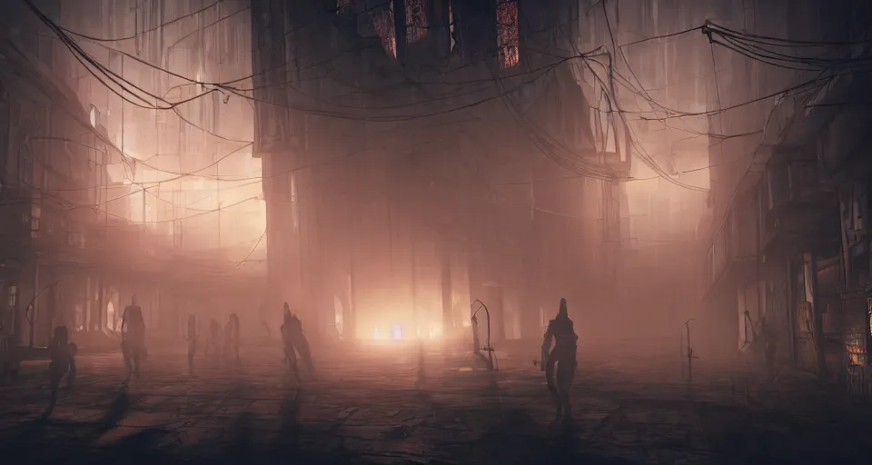 Prompt: illustration of rows of limp homunculus hanging in rows, rolling fog, cyberpunk, dystopian, dramatic lighting, unreal engine 5