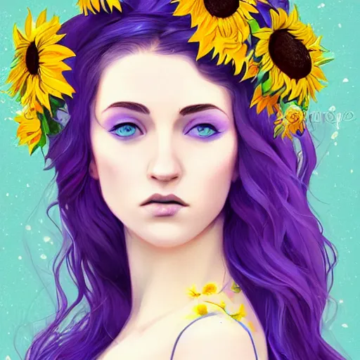 Prompt: a beautiful stunning matte digital portrait illustration of a blue-eyed woman with freckles and violet hair wearing a yellow sunflower crown, in the style of Ross Tran, art nouveau, trending on artstation, contest winner