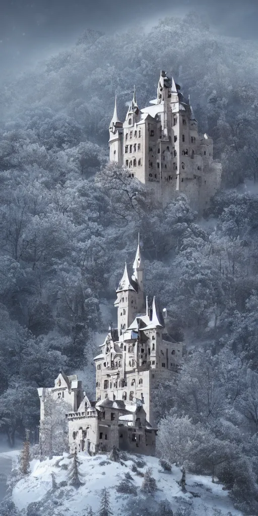 Image similar to a abandoned castle on the top of a snowy mountain, 8 k, shallow depth of field, intricate detail, concept art,