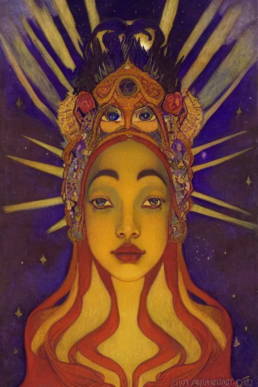 Image similar to queen of midnight with stars in her hair by Nicholas Roerich and Annie Swynnerton and Diego Rivera and jean delville, dramatic cinematic lighting , dark skin, ornate headdress , flowing robes, sacred artifacts, lost civilizations, smooth, sharp focus, extremely detailed