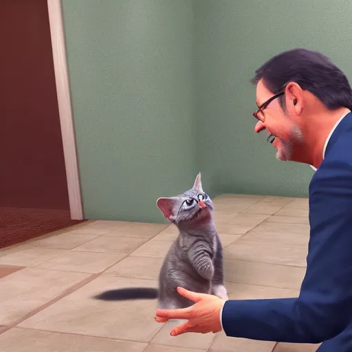 Image similar to mariano rajoy petting kitties, realistic, 4k, unreal engine, lumine,