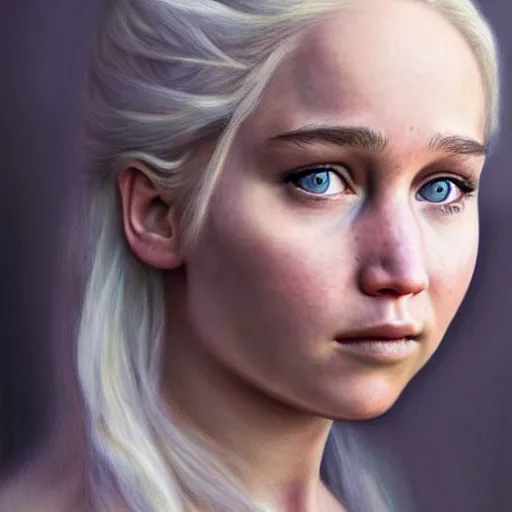 Image similar to portrait of the daughter of daenerys targaryen and jennifer lawrence as a young woman, hyperdetailed, hyperrealism.