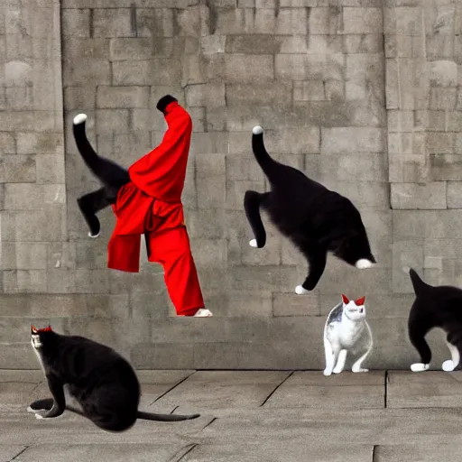 Image similar to real cats dressed as shaolin monks, 4k