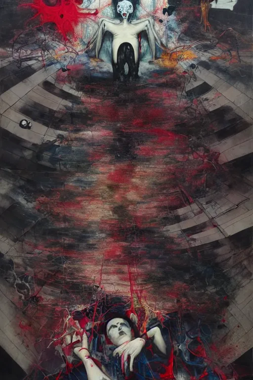 Image similar to the physical impossibility of death, in a brutalist designed space ship, hauntingly surreal, gothic, rich deep colours, painted by francis bacon, adrian ghenie, james jean and petra cortright, part by gerhard richter, part by takato yamamoto. 8 k masterpiece