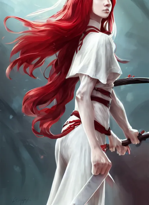 Image similar to a highly detailed illustration of fierce messy ponytail red haired one armed delinquent woman wearing long white tokkoufuku cape, dramatic wielding paper sword pose, intricate, elegant, highly detailed, centered, digital painting, artstation, concept art, smooth, sharp focus, league of legends concept art, wlop.