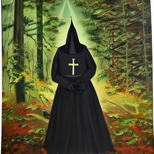 Image similar to oil painting of a creepy nun in the woods