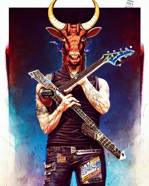 Image similar to a portrait of an anthropomorphic cyberpunk horned goat shredding an electric guitar by sandra chevrier, by jon foster, detailed render, epic composition, cybernetics, 4 k realistic, cryengine, realistic shaded lighting, sharp focus, masterpiece, by enki bilal