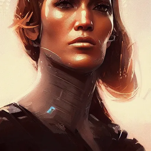 Image similar to “Portrait of Jennifer Lopez by Greg Rutkowski, young, attractive, highly detailed portrait, scifi, digital painting, artstation, concept art, smooth, sharp foccus ilustration, Artstation HQ”