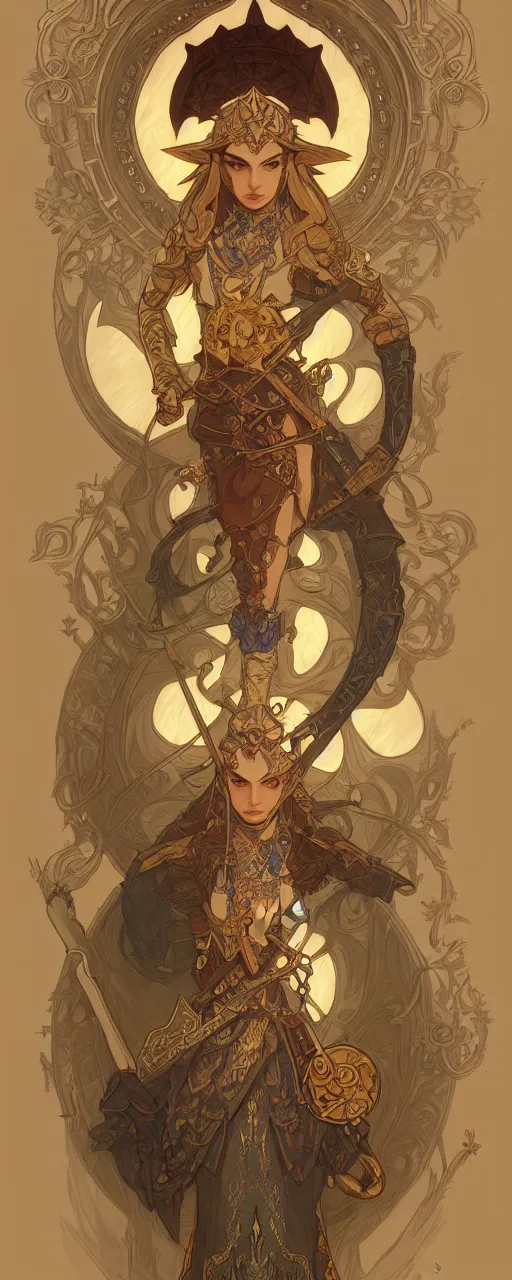 Image similar to legend of Zelda art nouveau, D&D, fantasy, intricate, elegant, highly detailed, digital painting, artstation, concept art, matte, sharp focus, illustration, hearthstone, art by Artgerm and Greg Rutkowski and Alphonse Mucha