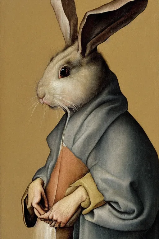 Image similar to silly hieronymus bosch oil painting portrait of a bunny in a coat. muted colour palette