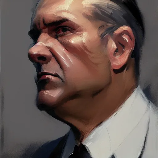 Prompt: Greg Manchess portrait painting of a medium athletic built business tycoon 50 year old caucasian character, soul patch, slick hair, sinister, medium shot, asymmetrical, profile picture, Organic Painting, dramatic light, matte painting, bold shapes, hard edges, street art, trending on artstation, by Huang Guangjian and Gil Elvgren and Sachin Teng
