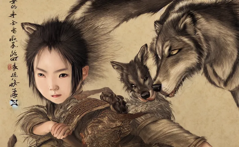 Image similar to wolf and cub chinese mythology, top view, cinematic, fantasy character portrait, highly detailed, 8 k realistic