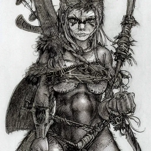 Prompt: A cute barbarian girl by Ian Miller