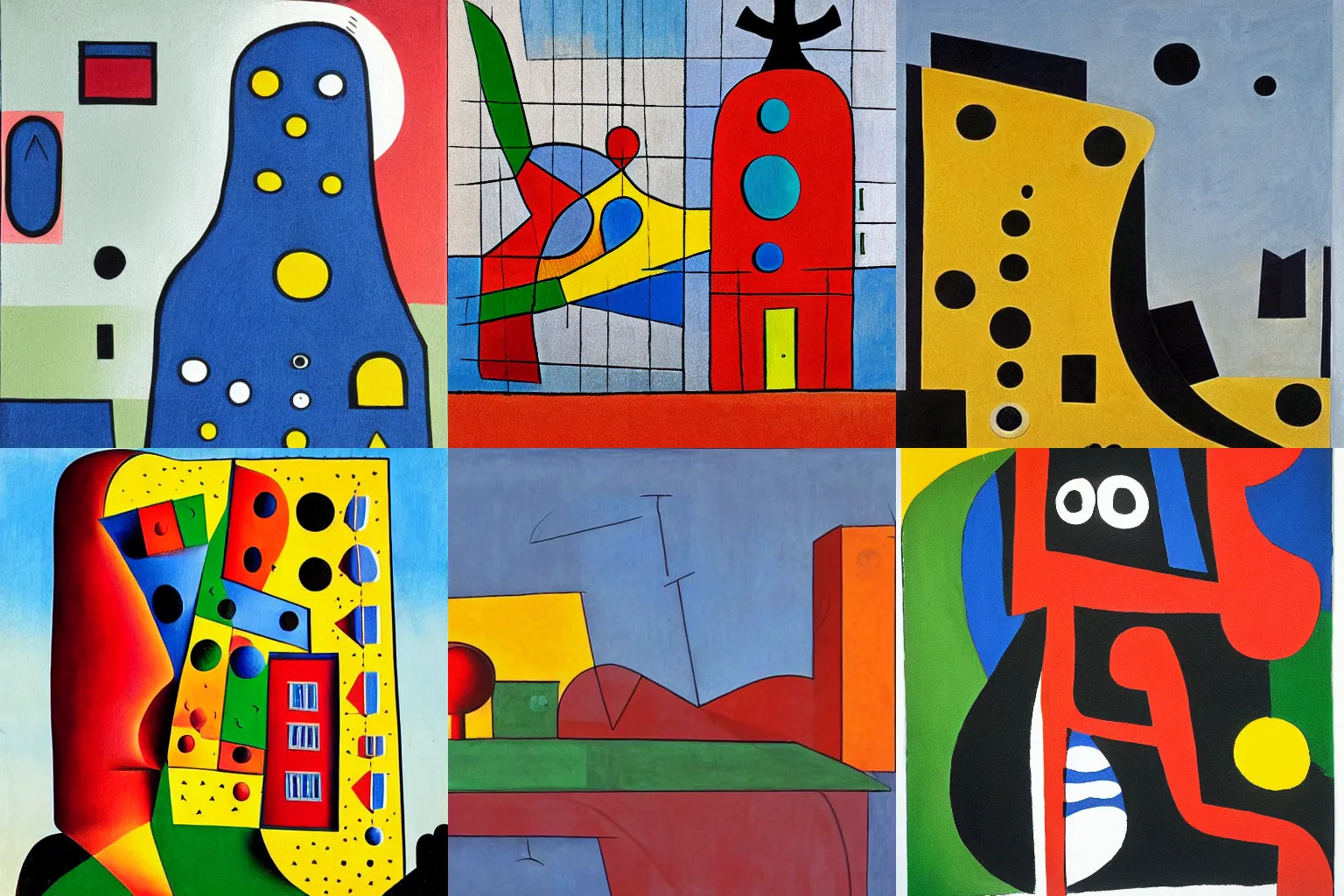 Prompt: artwork of a building, with a large visible humanoid and a visible scenery in the style of joan miro,