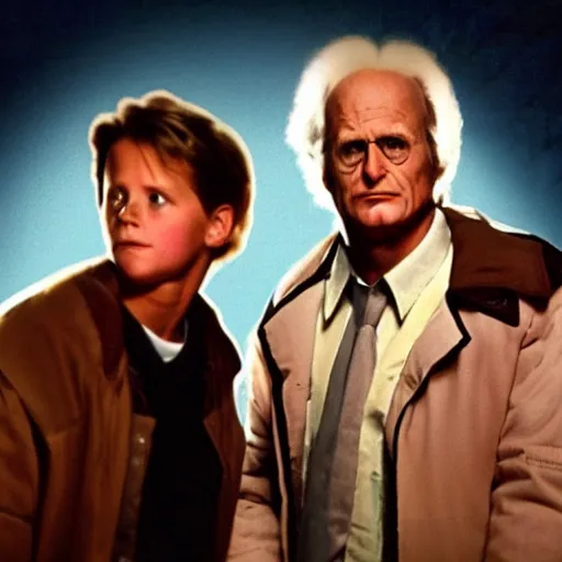 Image similar to marty and doctor brown from back to the future, cinematic, low lighting, anomorphic lense