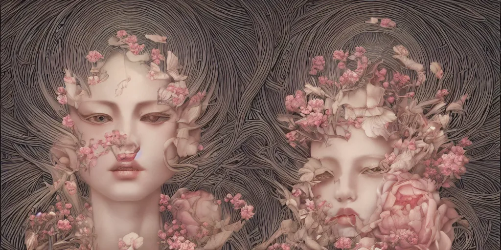 Image similar to breathtaking detailed concept art painting art deco pattern of blonde faces goddesses amalgamation flowers, by hsiao - ron cheng, bizarre compositions, exquisite detail, extremely moody lighting, 8 k