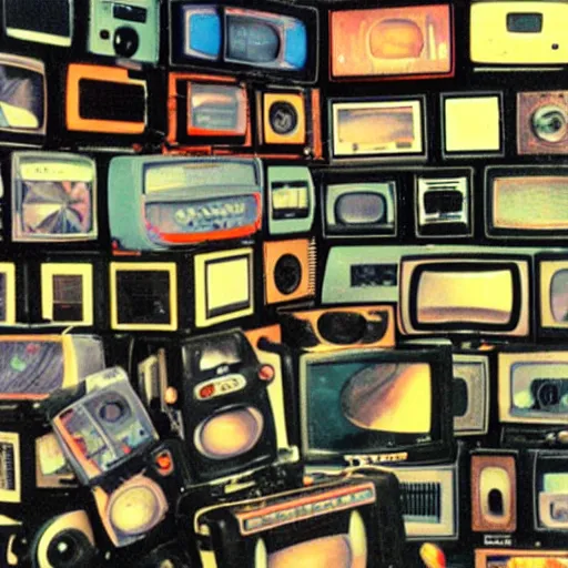 Image similar to array of crt televisions, tv static, antenna, stacked, polaroid, steroids, adult video store, van gogh