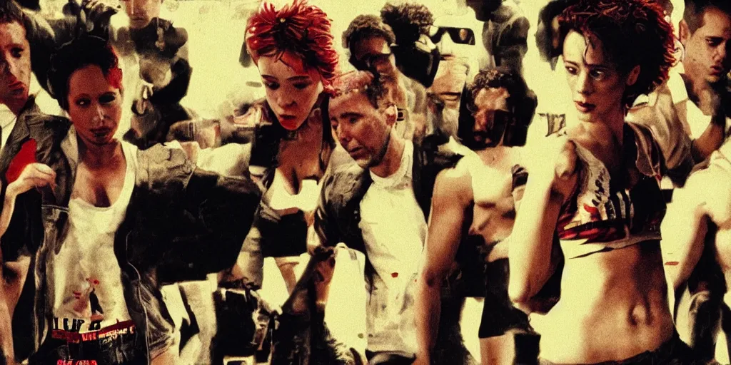 Image similar to Fight Club the movie, the people are replaced with gremlins, trending on Artstation, 8K, ultra wide angle, pincushion lens effect.
