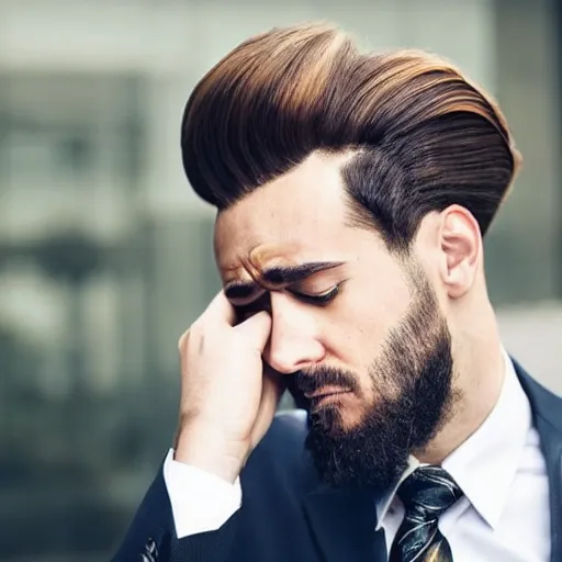 Image similar to tearful! professional millennial man with beehive women's hairstyle