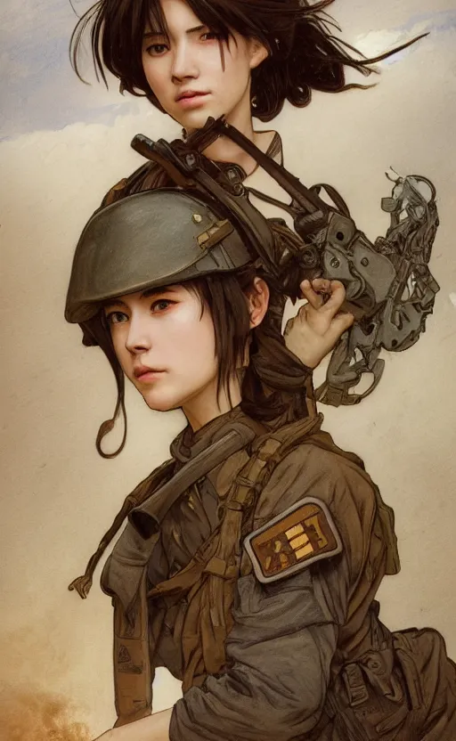 Image similar to portrait of a female soldier, in smoke and dirt, trading card front, anime style, hair down, symmetrical facial features, symmetrical body features, hyper realistic, pale skin, 4k, rule of thirds, extreme detail, detailed drawing, trending artstation, hd, fantasy, D&D, realistic lighting, by Alphonse Mucha, Greg Rutkowski, sharp focus, backlit, military carrier plates