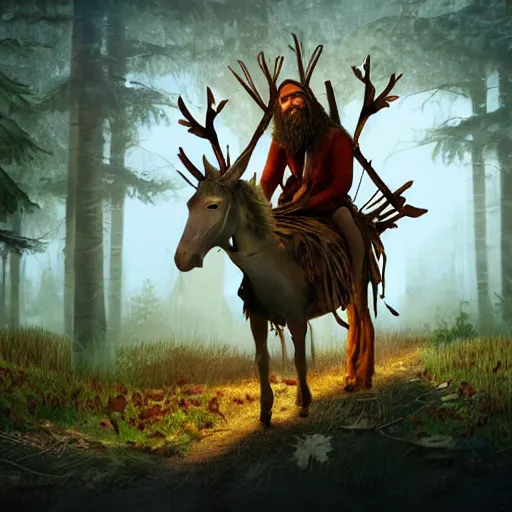 Prompt: hippie tribal hobo wearing twigs and leaves smiling sheepishly, riding tiny scuffy donkey with novelty oversized antlers, autumn forest, highly detailed, dramatic lighting, night time, cinematic, hyperrealistic, detailed, movie still from game of thrones