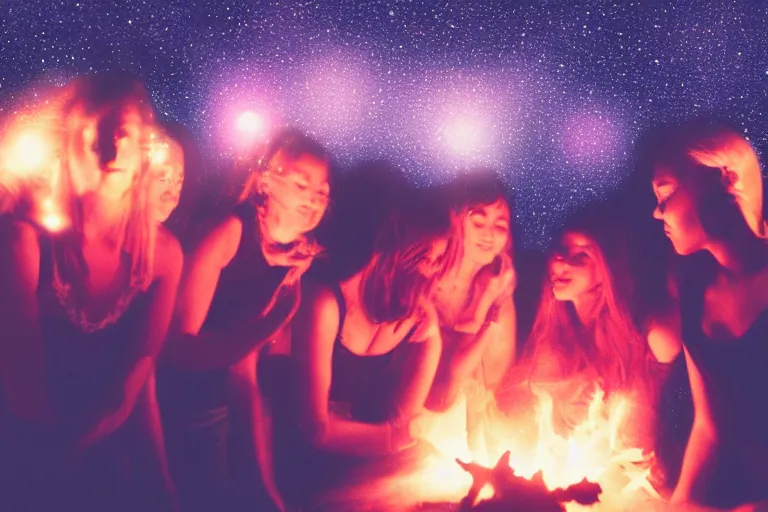 Image similar to blured shadows of dancing young women on pink light, close-up, focused background blue night sky with stars and orange campfire, polaroid photo