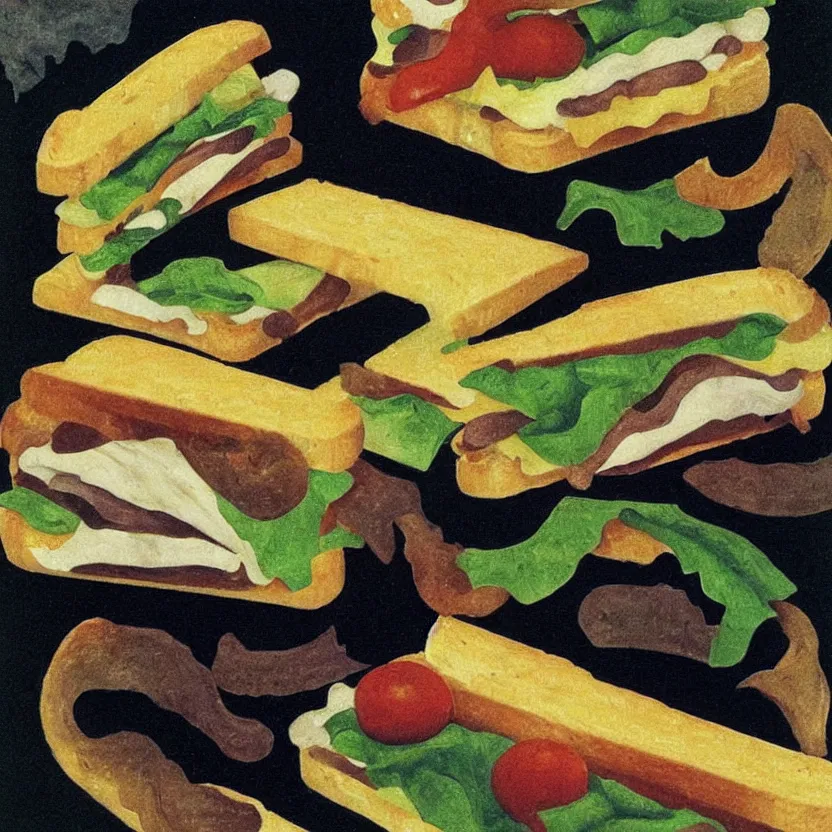 Image similar to a painting of a sandwich by m. c. escher.