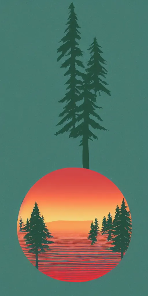 Image similar to shirt design, vector style, lake in forest of pines, big red sun, fresh modern look, made with photoshop,