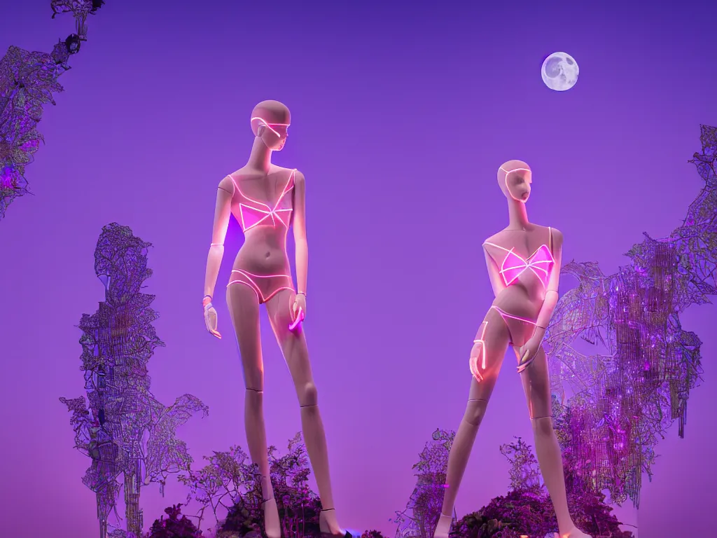 Image similar to beautiful mannequin sculpted out of amethyst by billelis + lit with 3 d geometric neon + facing a doorway opening with neon pink geometric fractal light + flowering hosta plants!!!, moon + city of los angeles in background!! dramatic, rule of thirds, award winning, 4 k, trending on artstation, photorealistic, volumetric lighting, octane render