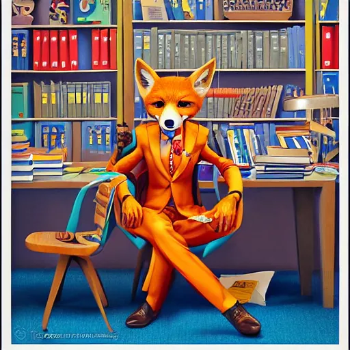Image similar to a cute male anthropomorphic vulpes vulpes fulva wearing suit in the teachers office at school, pixar style, by tristan eaton stanley artgerm and tom bagshaw.