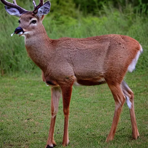Image similar to a bipedal anthro deer with a broken antler and a cigarette in his mouth