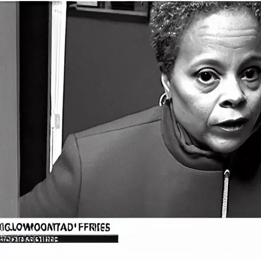 Prompt: chicago mayor lori lightfoot spotted on woodland trail cam late night night vision black-and-white