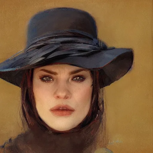 Prompt: frontal portrait of a woman with a hat that covers her eyes, by jon foster