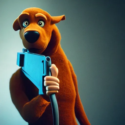 Image similar to scooby doo holding a gun, film still from the movie directed by denis villeneuve with art direction by bill ward, wide lens